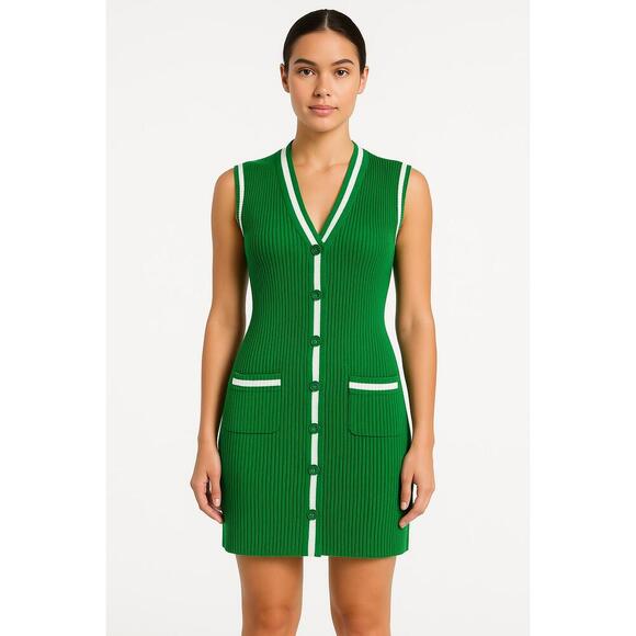 ACT III Green Button Up White Trim Striped Pockets Sleeveless Cardigan Dress L - Picture 1 of 11